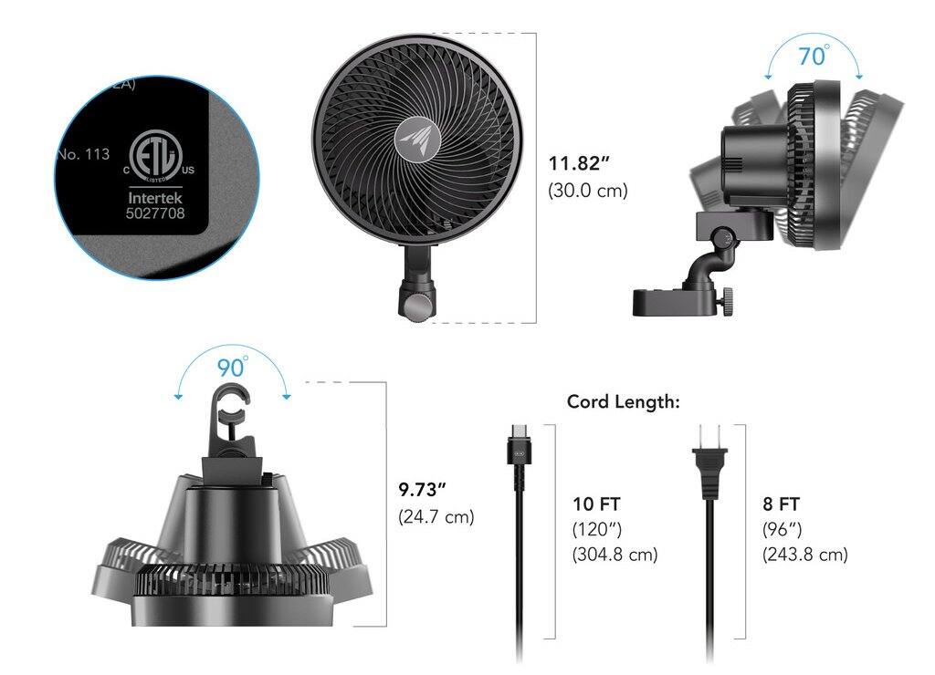 A) 70 No. 113 ETL US LISTED Intertek 5027708  
11.82" (30.0 cm)  
90  
Cord Length: 9.73" (24.7 cm)  
10 FT (120") (304.8 cm)  
8 FT (96") (243.8 cm)