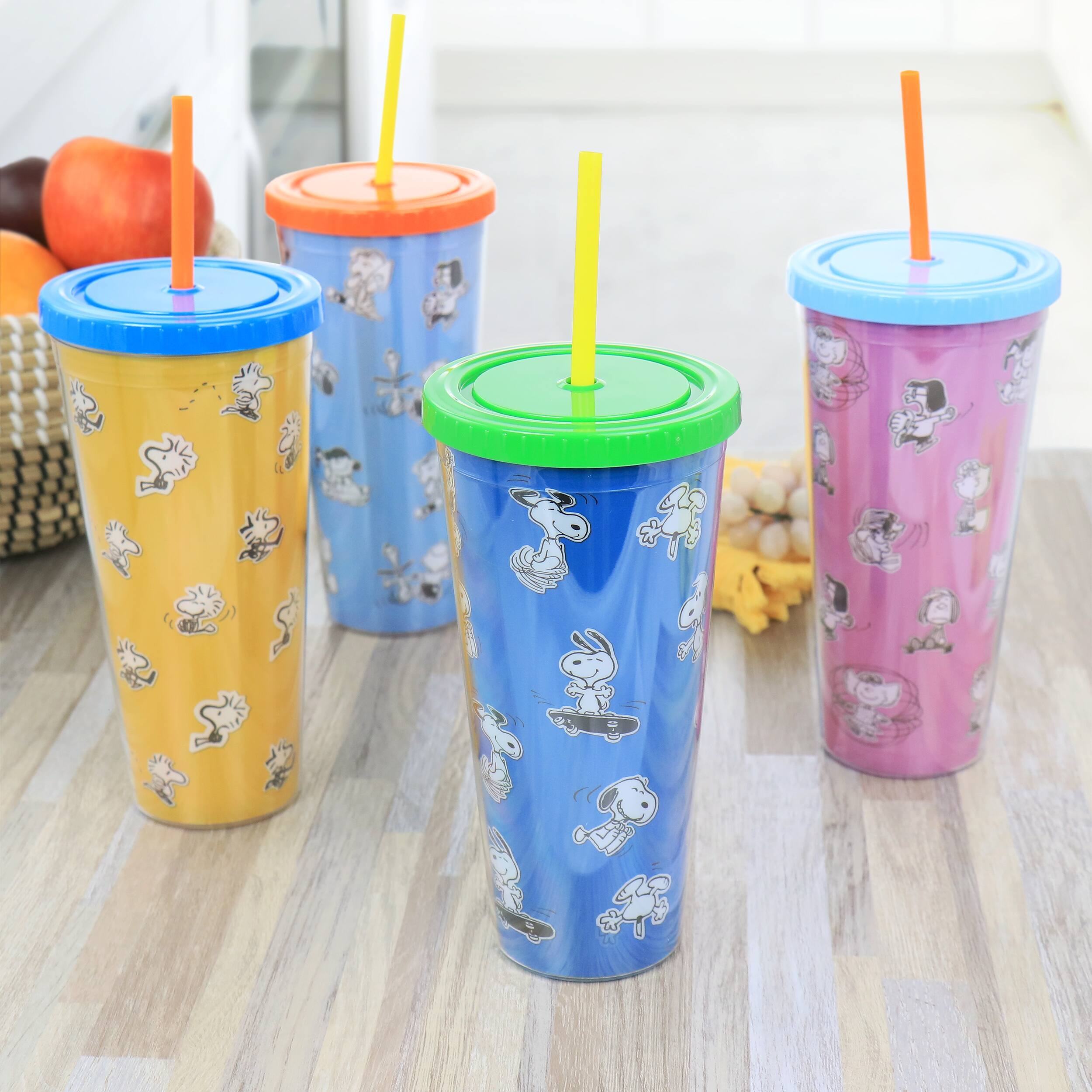 Alt View 7. Gibson - Gibson Peanuts 70th Anniversary 4 Piece Plastic 23.6oz Tumbler set with Lid and Straw in Assorted Colors - Assorted.
