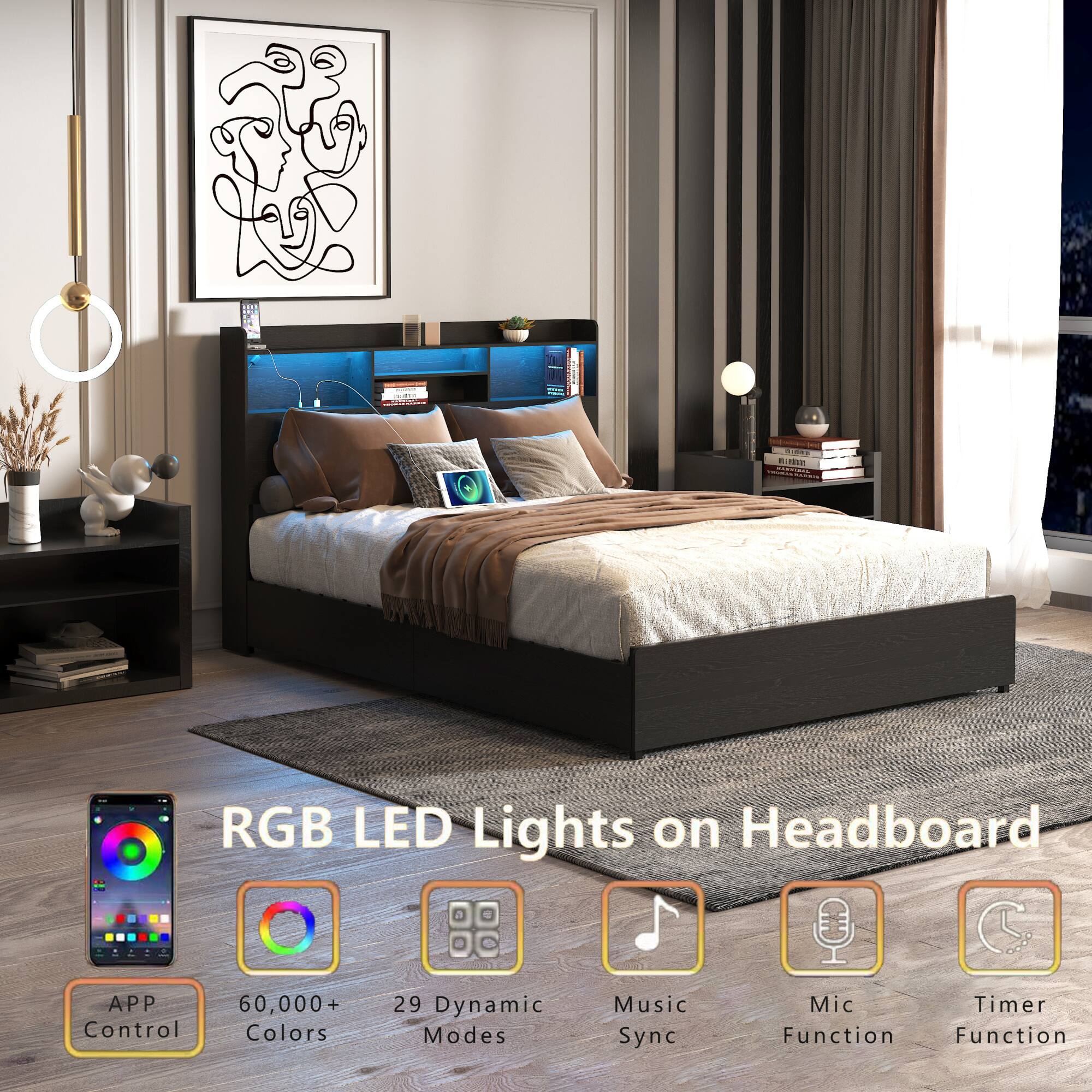 RGB LED Lights on Headboard

- APP Control
- 60,000+ Colors
- 29 Dynamic Modes
- Music Sync
- Mic Function
- Timer Function