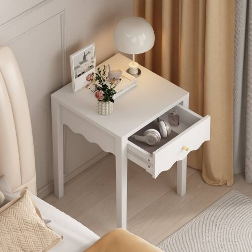 Left. LUCKY ONE - 16.7" Assembled White Nightstand 1-Drawer Wavy Apron Design - White.