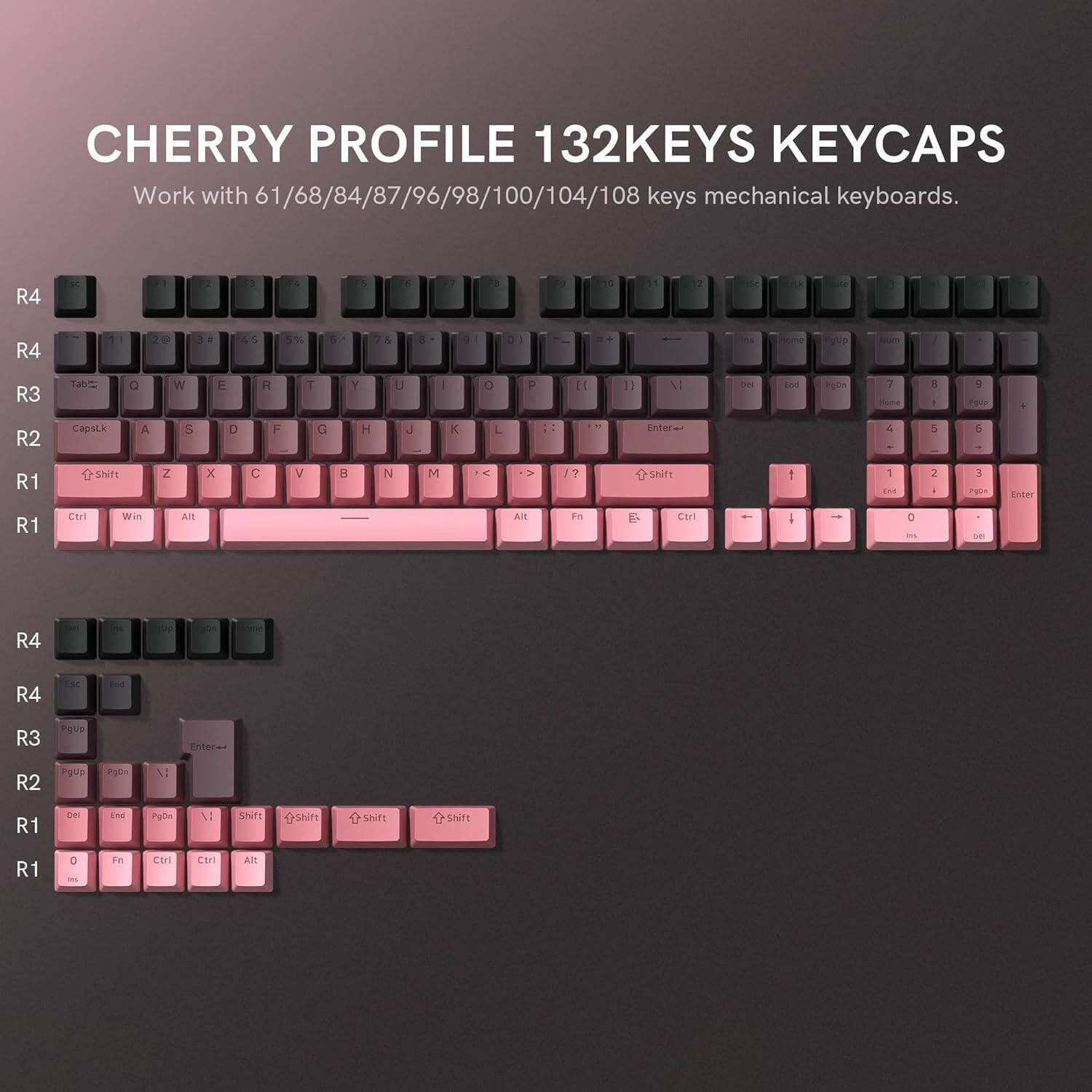 CHERRY PROFILE 132KEYS KEYCAPS  
Work with 61/68/84/87/96/98/100/104/108 keys mechanical keyboards.

R4  
"  a L - 1 i . 9 13 12 I R4 . 2 . 5 5 d . A a 1 - g - - - aup fum - R3 Ta C W E R T Y U - O P  11 V dn n egin  4 E 1 3  . R2 CapsLk A S D F G H L K L : : Enter 4 3 5 R1 Shirt 2 x C V B N M < 17 Shife 1 7 Tna 2  3 iglm Enter R1 CoI Win AR Alt Fn E CI - - t a - - R4 d -00 R4 or .. R3 PUA Enteres R2 PgU t \: R1 De EM gb NI Shift shift Shift Shift R1 a - in Ct Ctn AlT