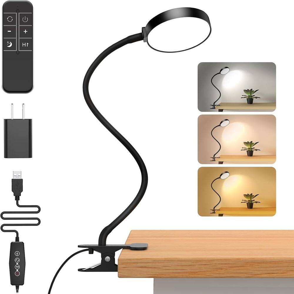 PARKER SLATER - 3.5" LED Clip-On Desk Lamp with Remote, 1-Hour Timer & Nightlight, RA>95 Dimmable Eye-Care Reading Light with Flexible G - Black