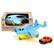 The image features a blue and yellow toy airplane, which is part of a cargo plane set. The airplane is sitting on top of a box, and there is also a toy car nearby. The cargo plane set is made by Avion Cargo, and it is designed for children to play with and enjoy.