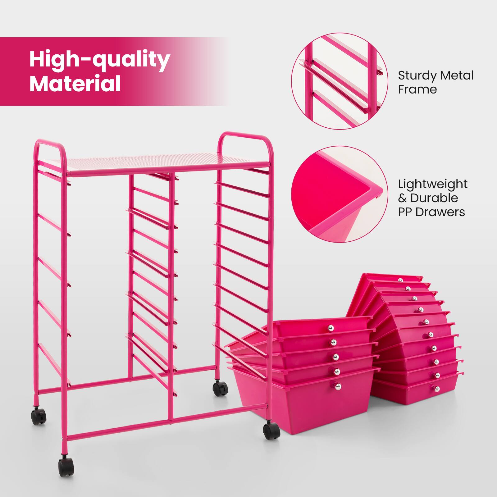 High-quality Material  
Sturdy Metal Frame  
Lightweight & Durable PP Drawers