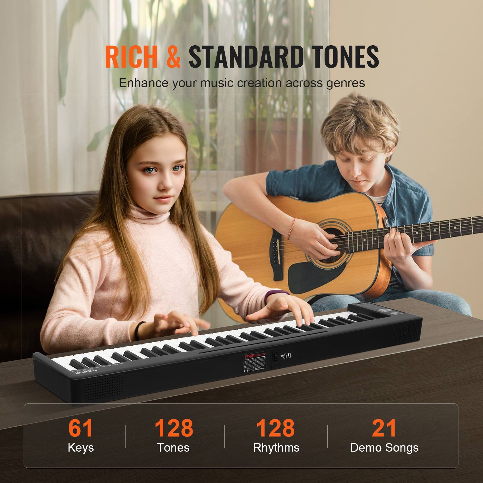RICH & STANDARD TONES  
Enhance your music creation across genres  

61 Keys  
128 Tones  
128 Rhythms  
21 Demo Songs