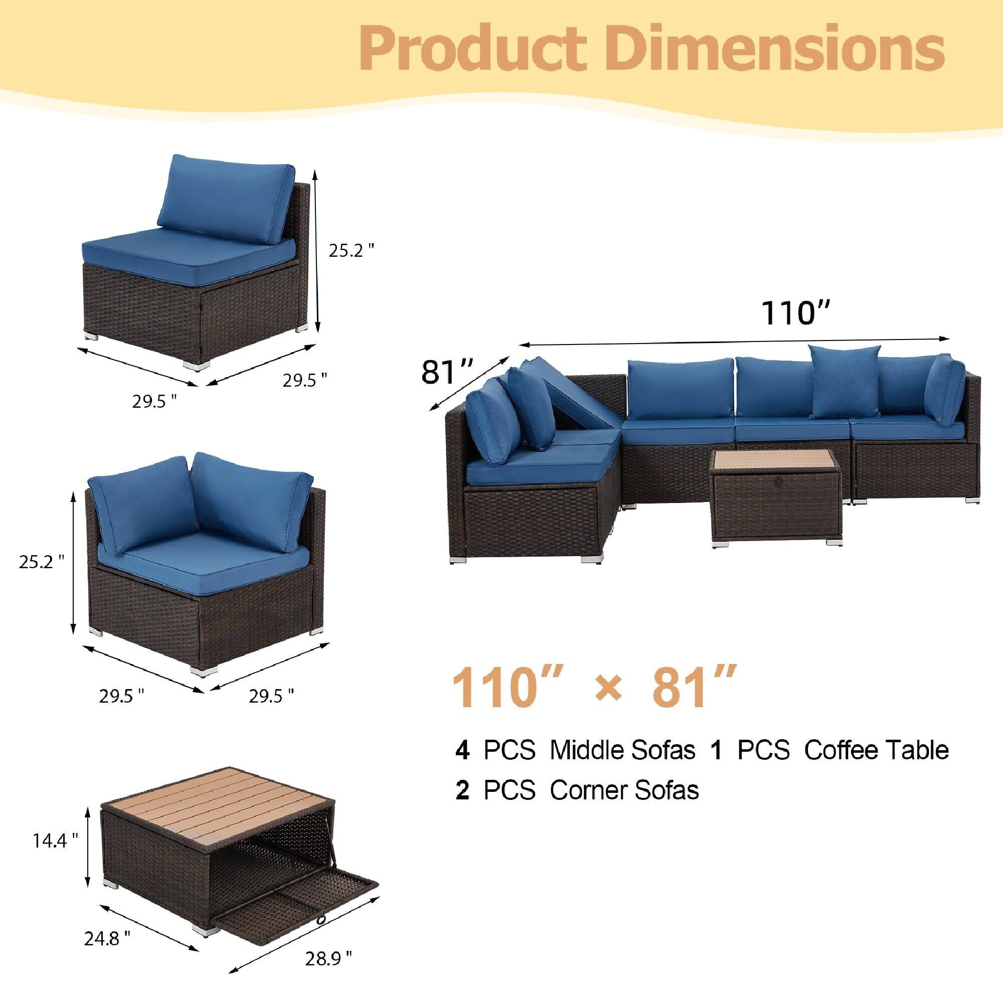 Product Dimensions

110" x 81"

4 PCS Middle Sofas  
1 PCS Coffee Table  
2 PCS Corner Sofas

- Middle Sofas: 25.2" x 29.5" x 29.5"
- Corner Sofas: 25.2" x 29.5" x 29.5"
- Coffee Table: 14.4" x 24.8" x 28.9"
