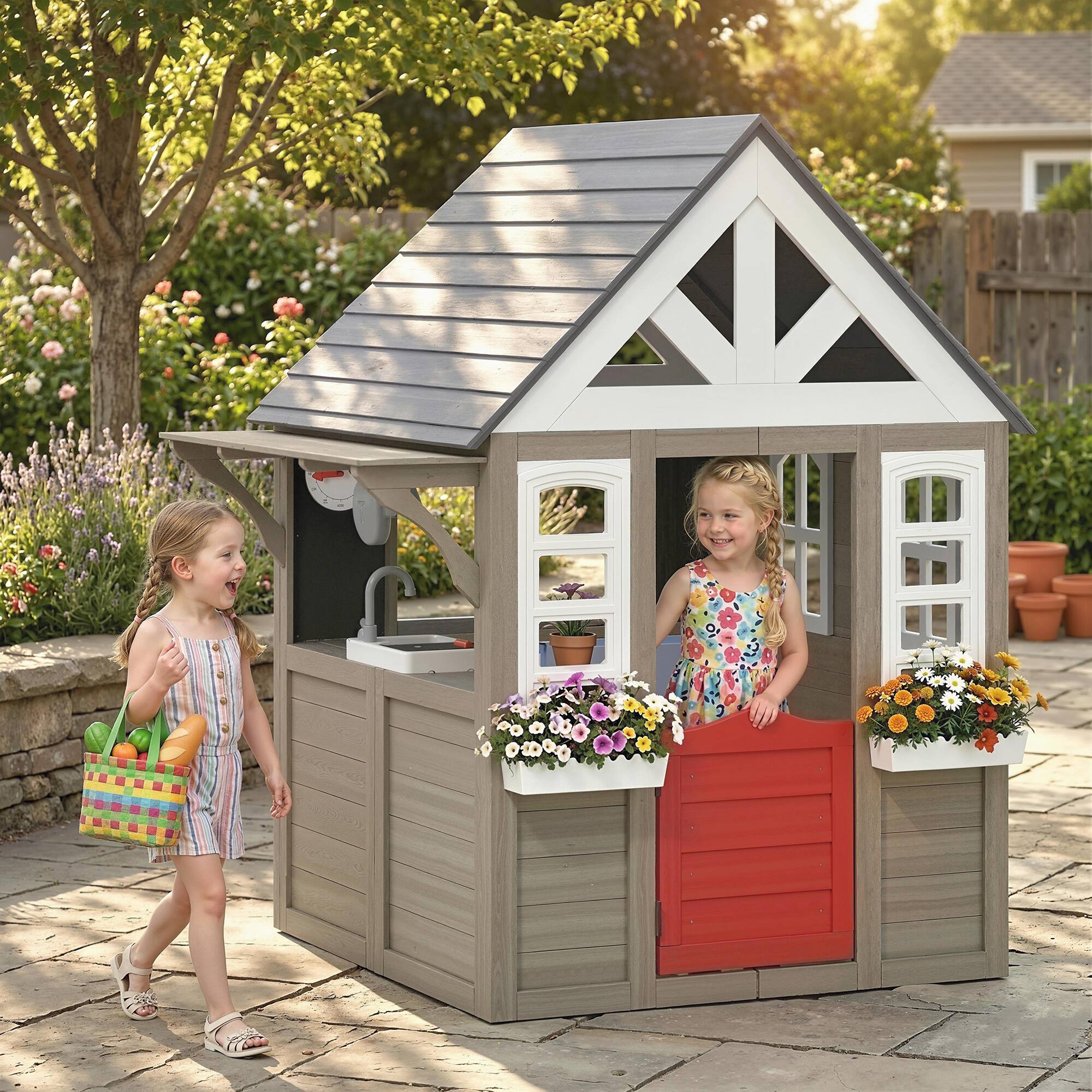 Qaba Playhouse, Wooden Kids Playhouse with Dog Door, Flower Box Gray ...