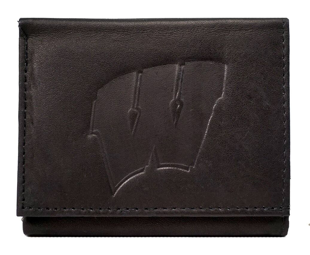 Front. Rico Industries - University of Wisconsin Badgers Embossed Trifold Wallet - Black Leather - with Worn Distressed Look - Multi.
