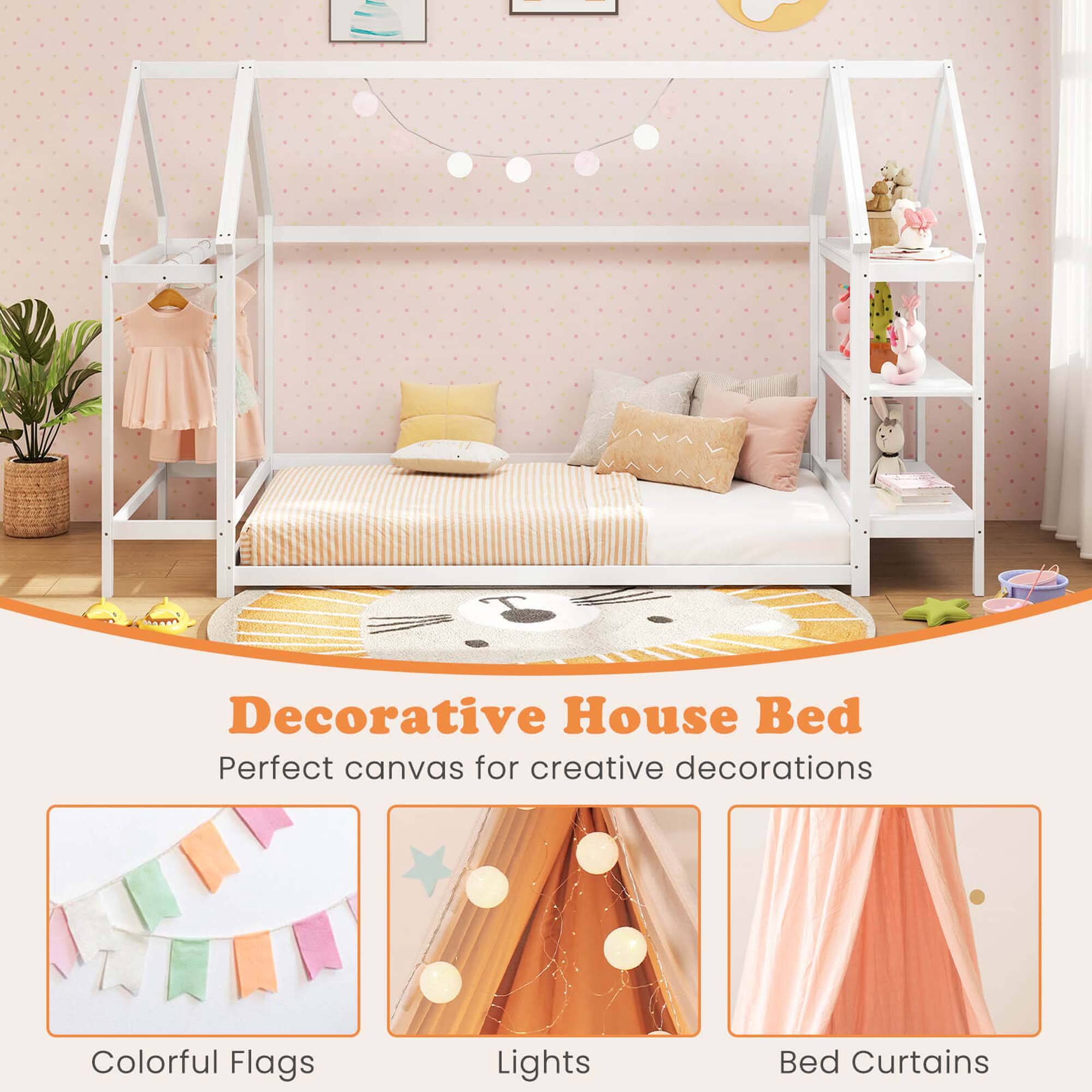 Decorative House Bed: Perfect canvas for creative decorations. Colorful Flags, Lights, Bed Curtains.