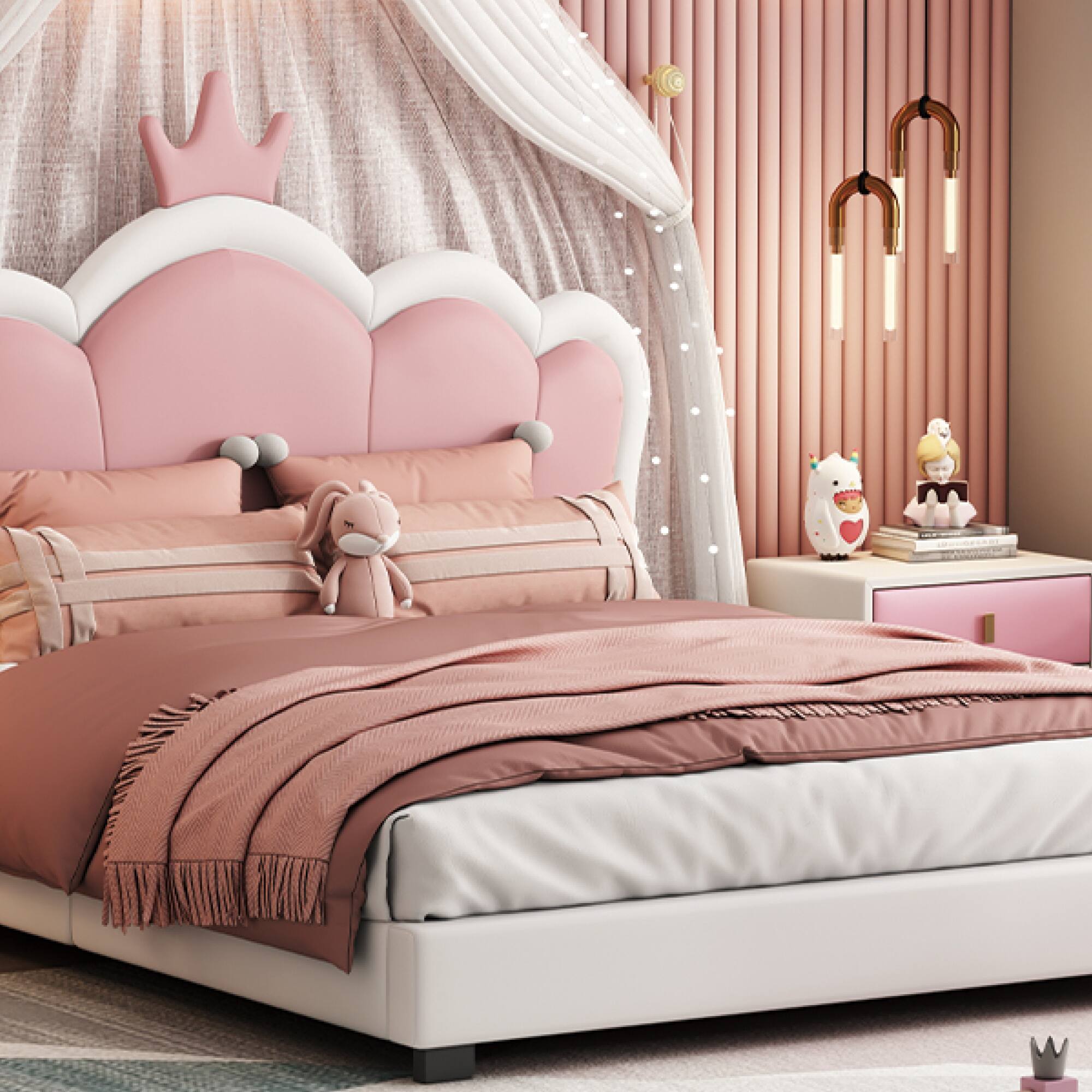 Alt View 9. GOODSILO - Full Size Upholstered Princess Bed with Crown Headboard and Footboard Platform Bed Frame - Cream.