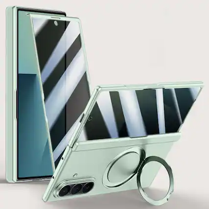 Front. Dteck - For Samsung Galaxy Z Fold 7 Hinge Protection Magnetic Ring Stand Foldable Rugged Case Built-in Screen Protector - Lightgreen(Privacy Film).