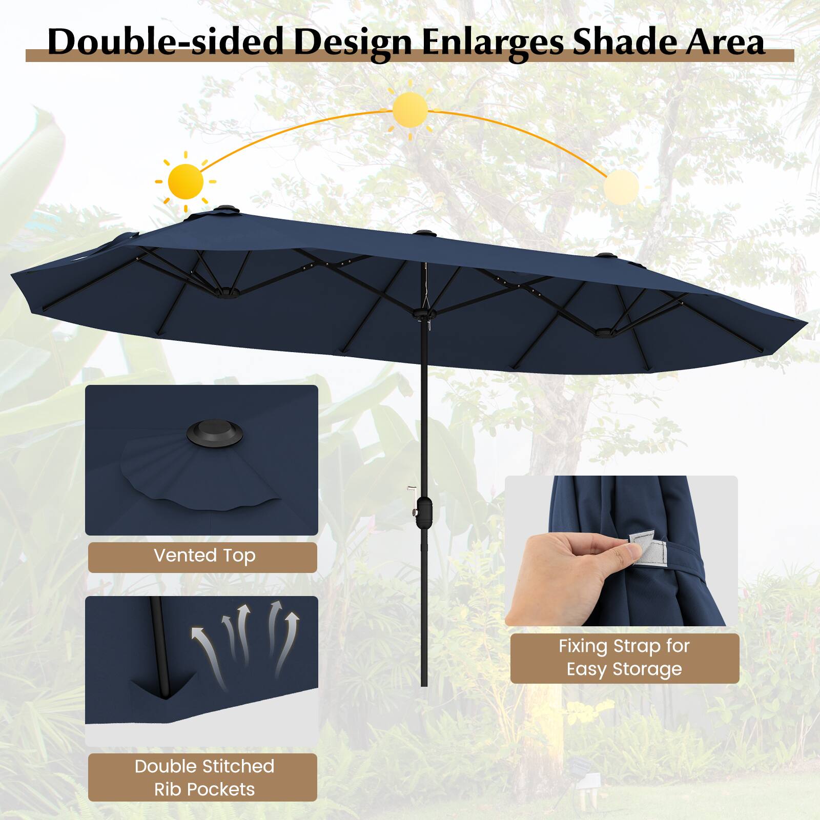 Double-sided Design Enlarges Shade Area, Vented Top, Double Stitched Rib Pockets, Fixing Strap for Easy Storage