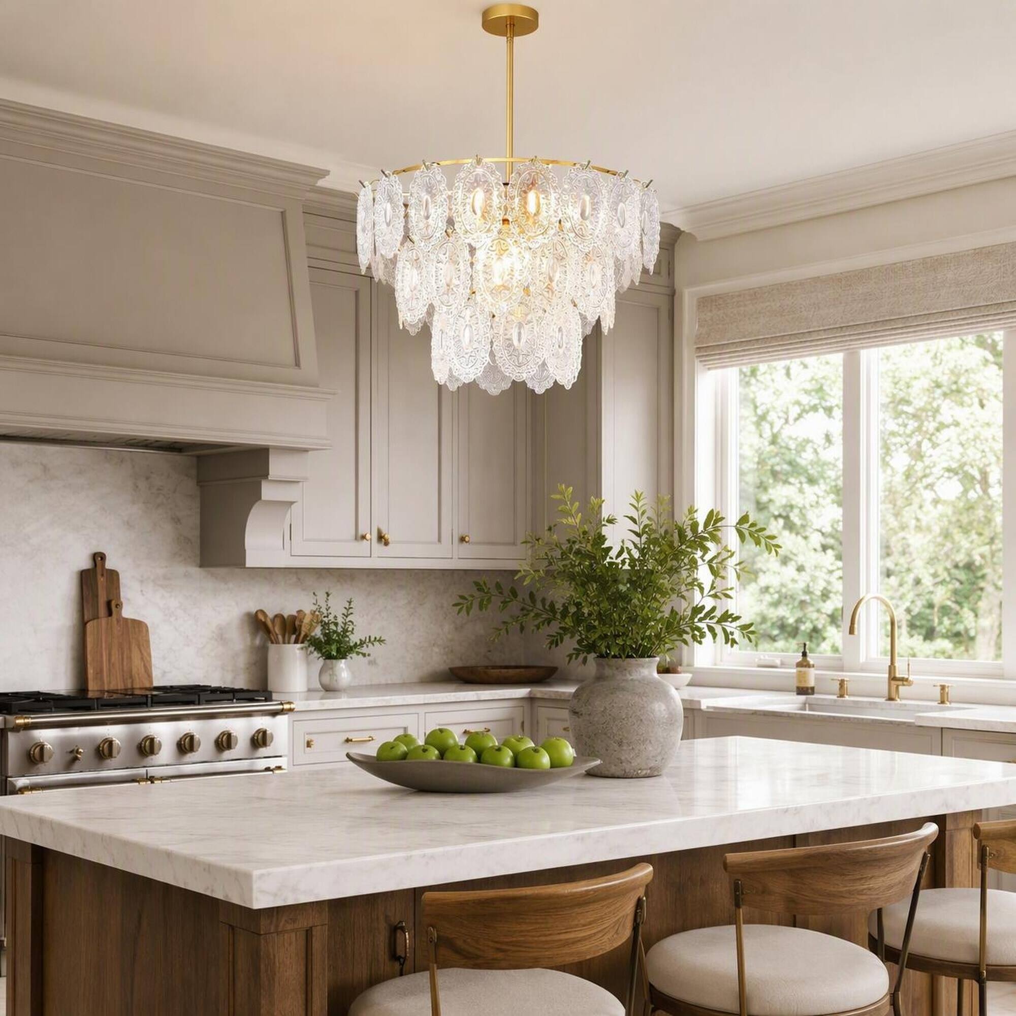 Left. RYHNUYNE - 9-Light Modern Farmhouse Chandelier for Dining Room and Kitchen Island, Rectangular Metal Frame with Seeded Glass Shades.