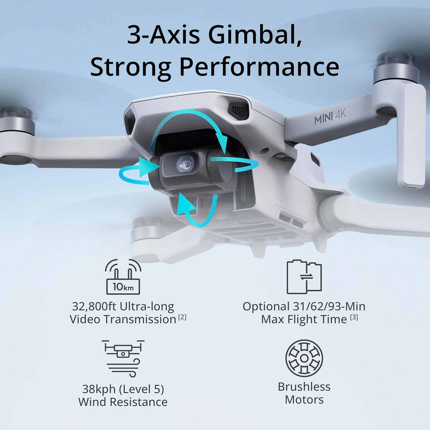 3-Axis Gimbal, Strong Performance

- 32,800ft Ultra-long Video Transmission [2]
- Optional 31/62/93-Min Max Flight Time [3]
- 38kph (Level 5) Wind Resistance
- Brushless Motors