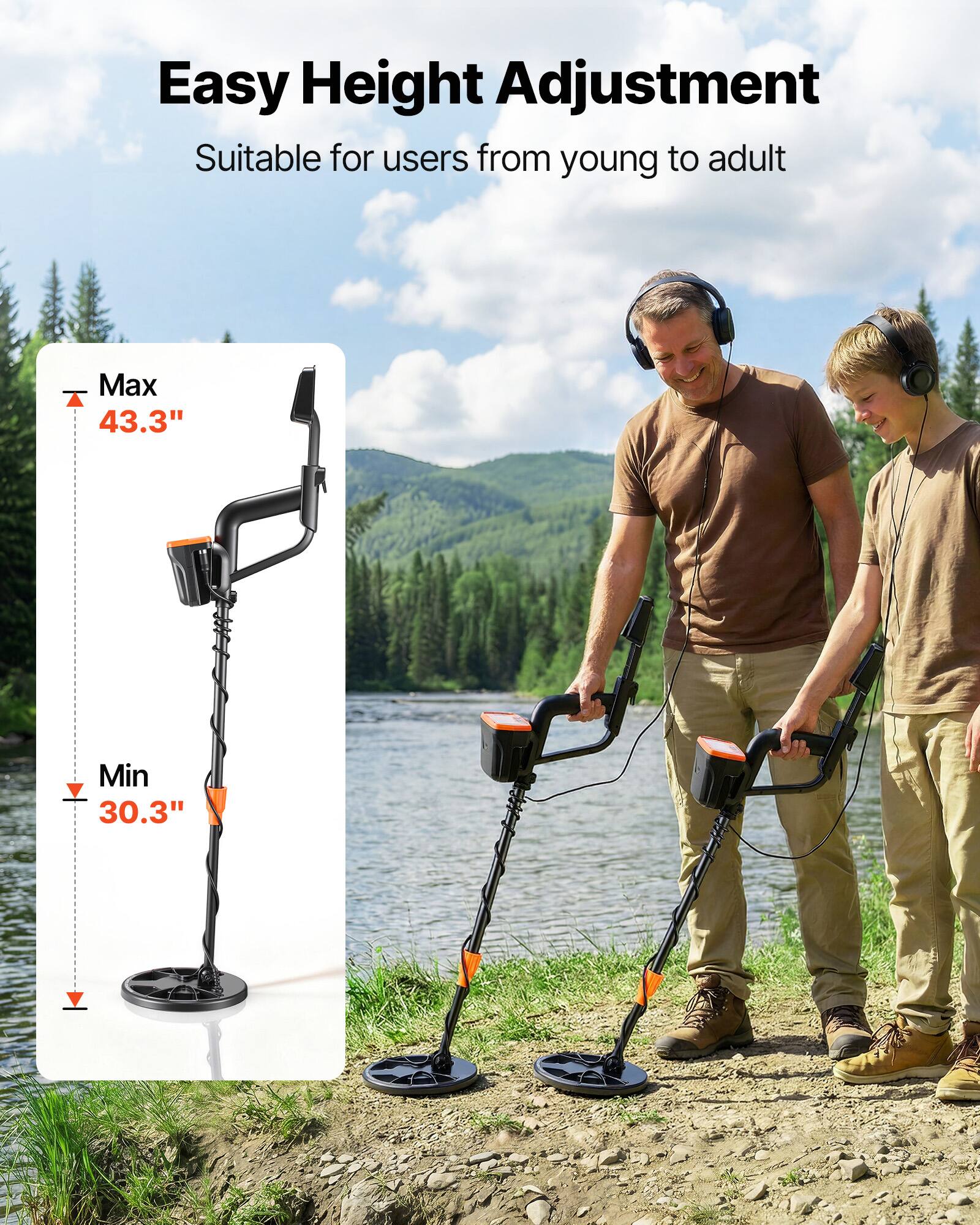 Easy Height Adjustment  
Suitable for users from young to adult  
Max 43.3"  
Min 30.3"