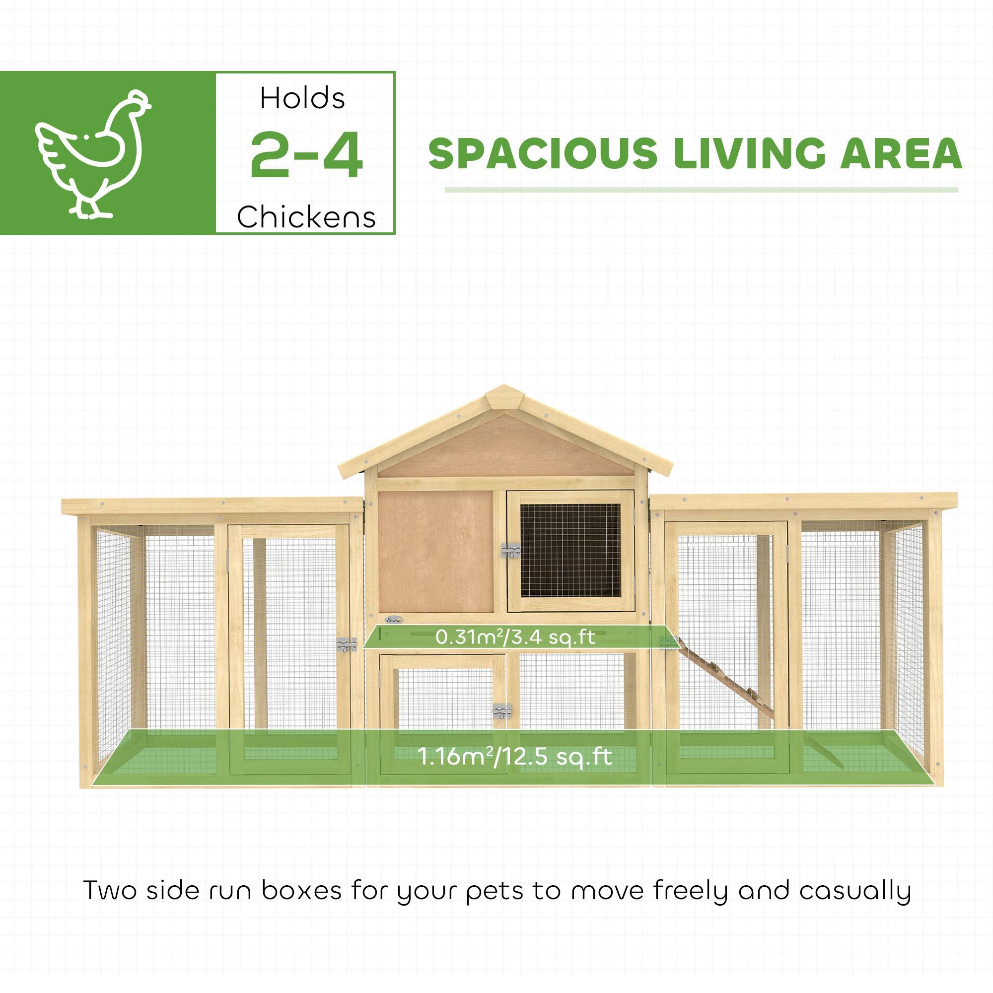 Holds 2-4 Chickens

SPACIOUS LIVING AREA

0.31m²/3.4 sq.ft

1.16m²/12.5 sq.ft

Two side run boxes for your pets to move freely and casually