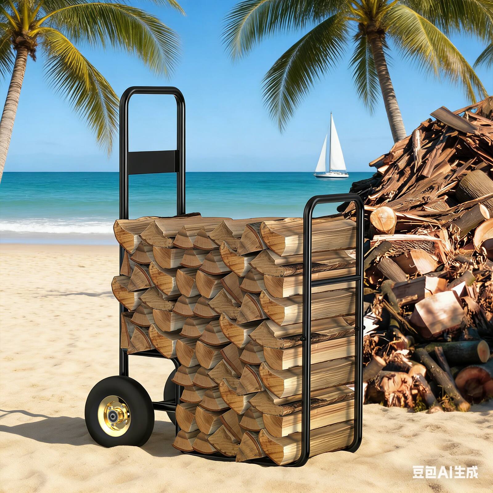 Angle. Oumilen - Heavy-Duty Rolling Firewood Cart with Wheels, Black - Black.