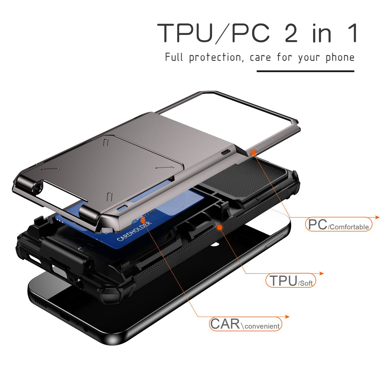 TPU/PC 2 in 1 Full protection, care for your phone

CARDHOLDER

PC / Comfortable

TPU / Soft

CAR / Convenient