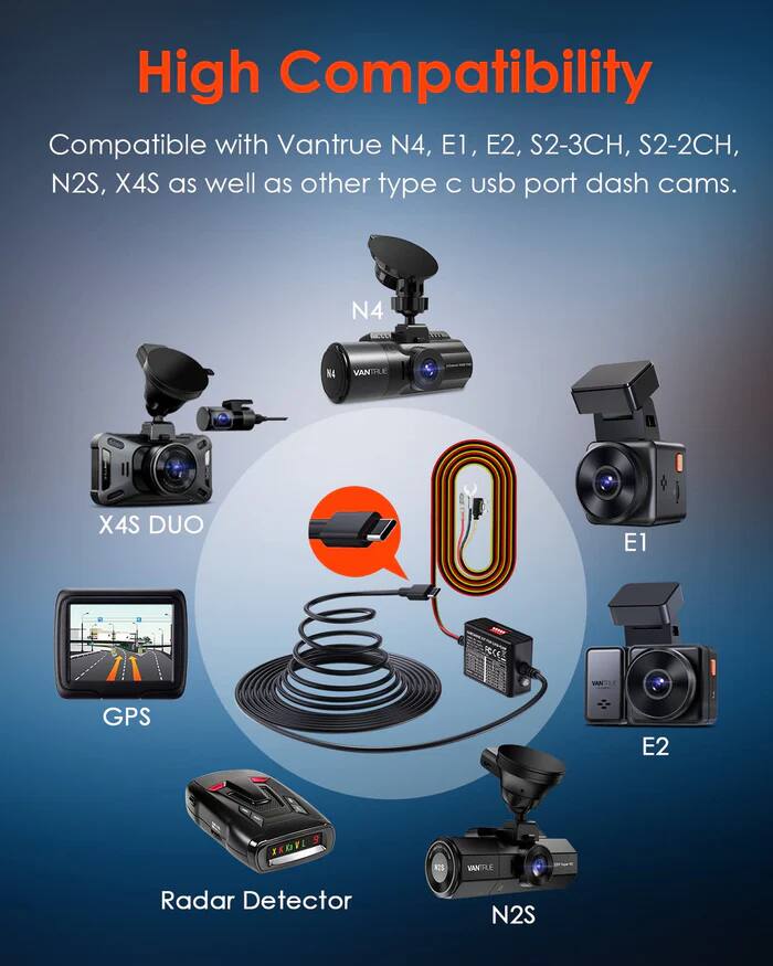 High Compatibility  
Compatible with Vantrue N4, E1, E2, S2-3CH, S2-2CH, N2S, X4S as well as other type C USB port dash cams.