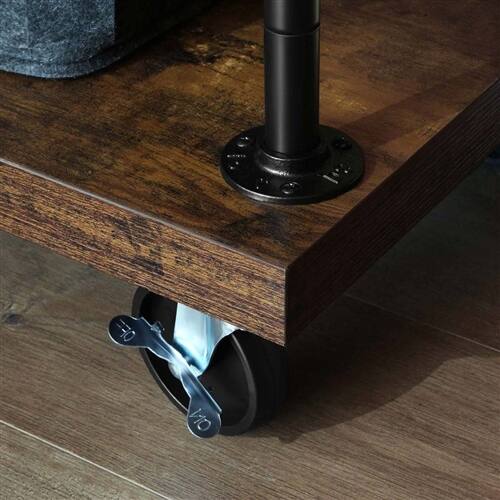 Back. SlickBlue - Industrial Clothing Rack with Wood Shelves and Locking Wheels - Rustic Brown.