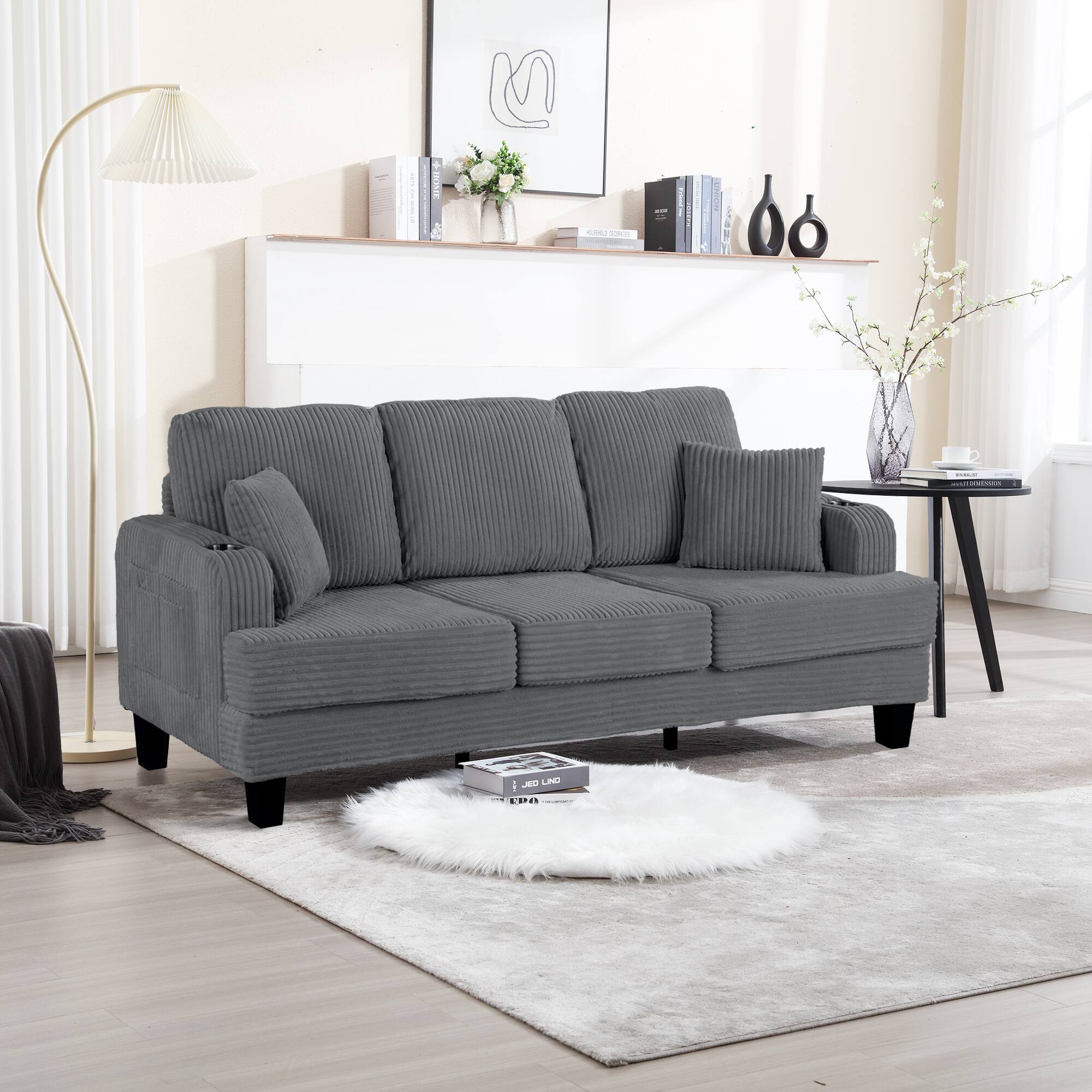 Left. Vaczon - Sofa Couch with USB Charging Ports and Cup Holders, 3-Seater Upholstered Living Room Sofa with 2 Throw Pillows - Gray.