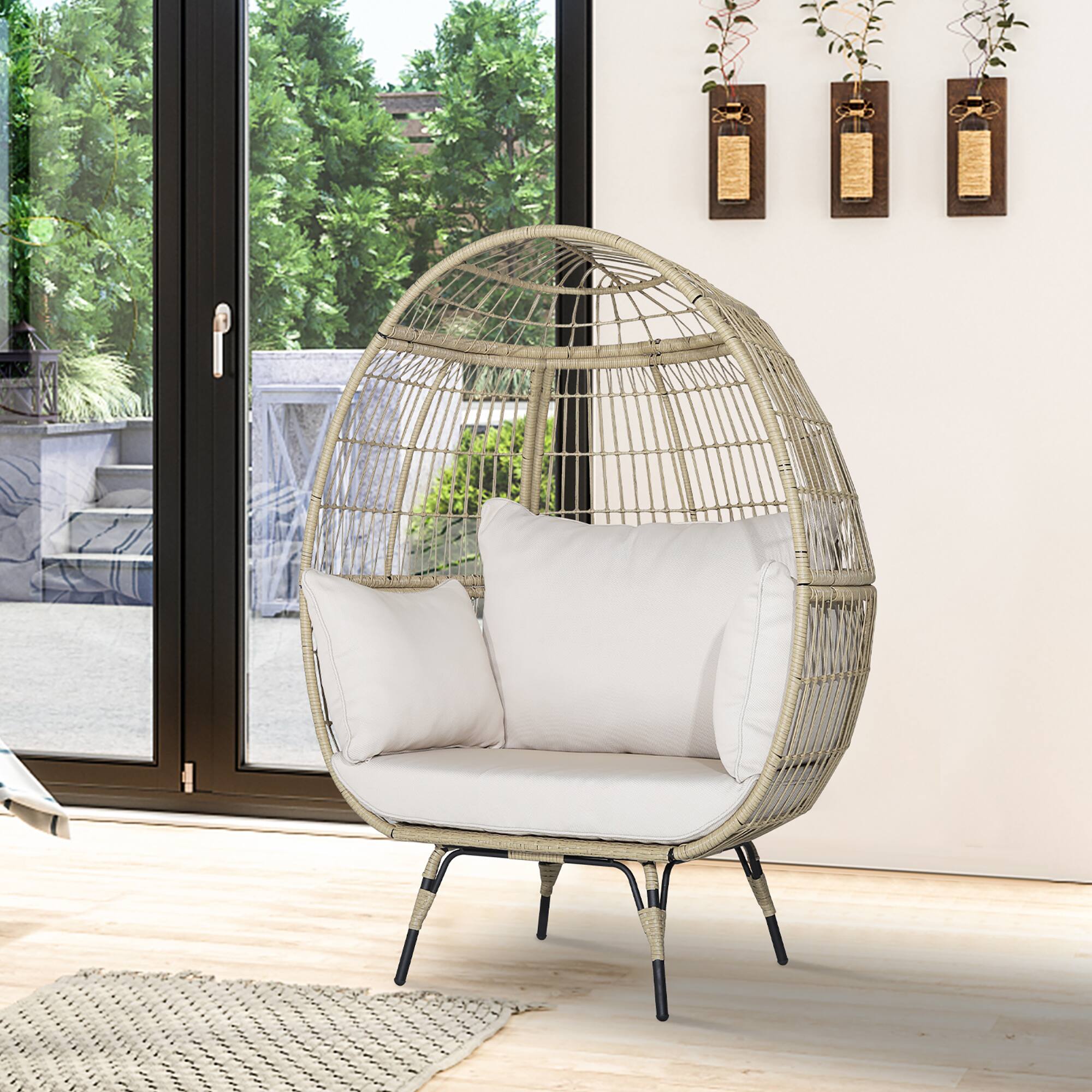 Alt View 2. Gymax - Gymax Patio Rattan Oversized Wicker Egg Chair Stationary Lounge Basket w/ 4 Soft Cushions - Light Brown.