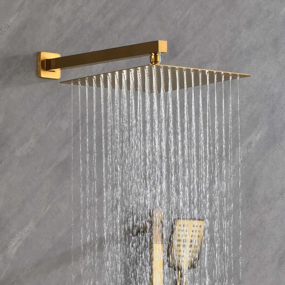 Left. JUJABU - Brushed Gold Shower System with Shower Head, Slide Bar, Bodysprays, Shower Arm, Hose, Valve Trim, and Lever Handles - Brushed Gold.