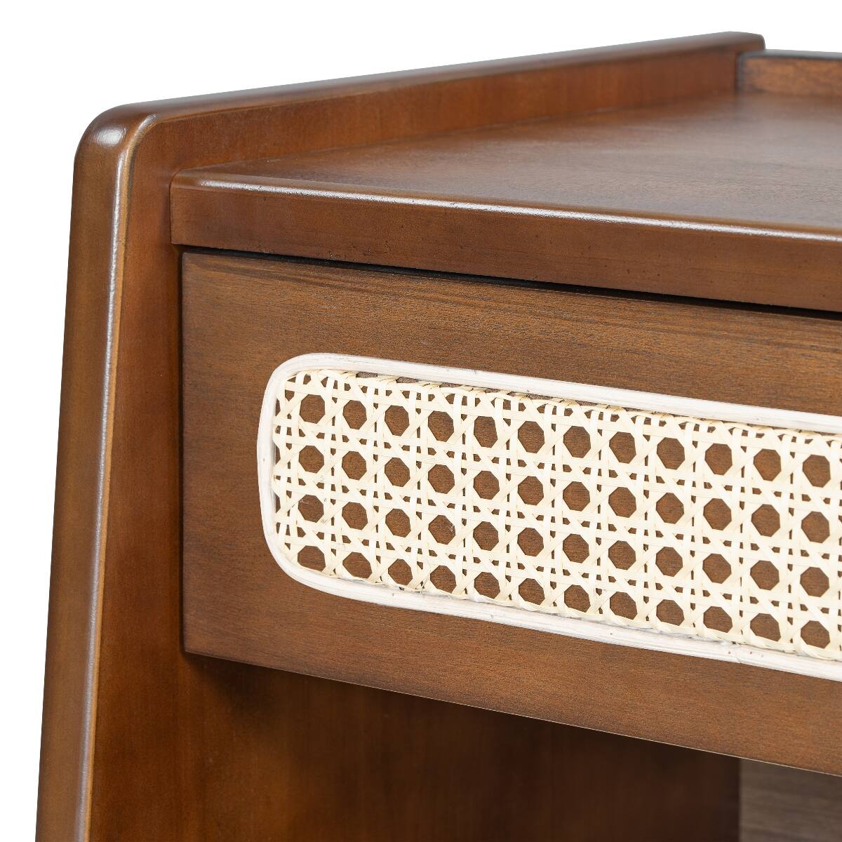 Alt View 8. Loheer - Loheer Walnut Nightstand with Rattan Detail, Open Shelf and Drawer, Modern Bedroom Storage - Walnut.
