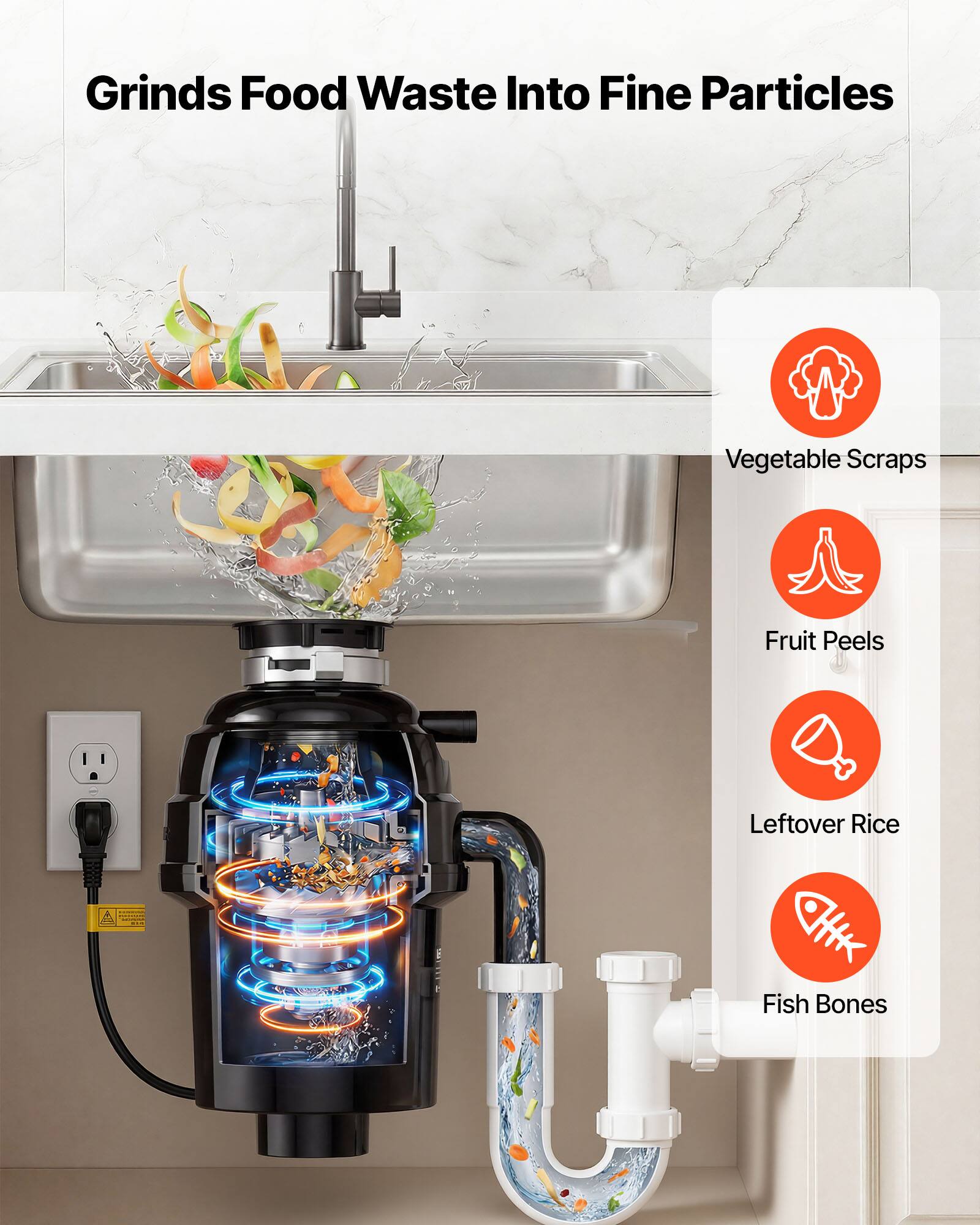 Grinds Food Waste Into Fine Particles  
Vegetable Scraps  
Fruit Peels  
Leftover Rice  
Fish Bones
