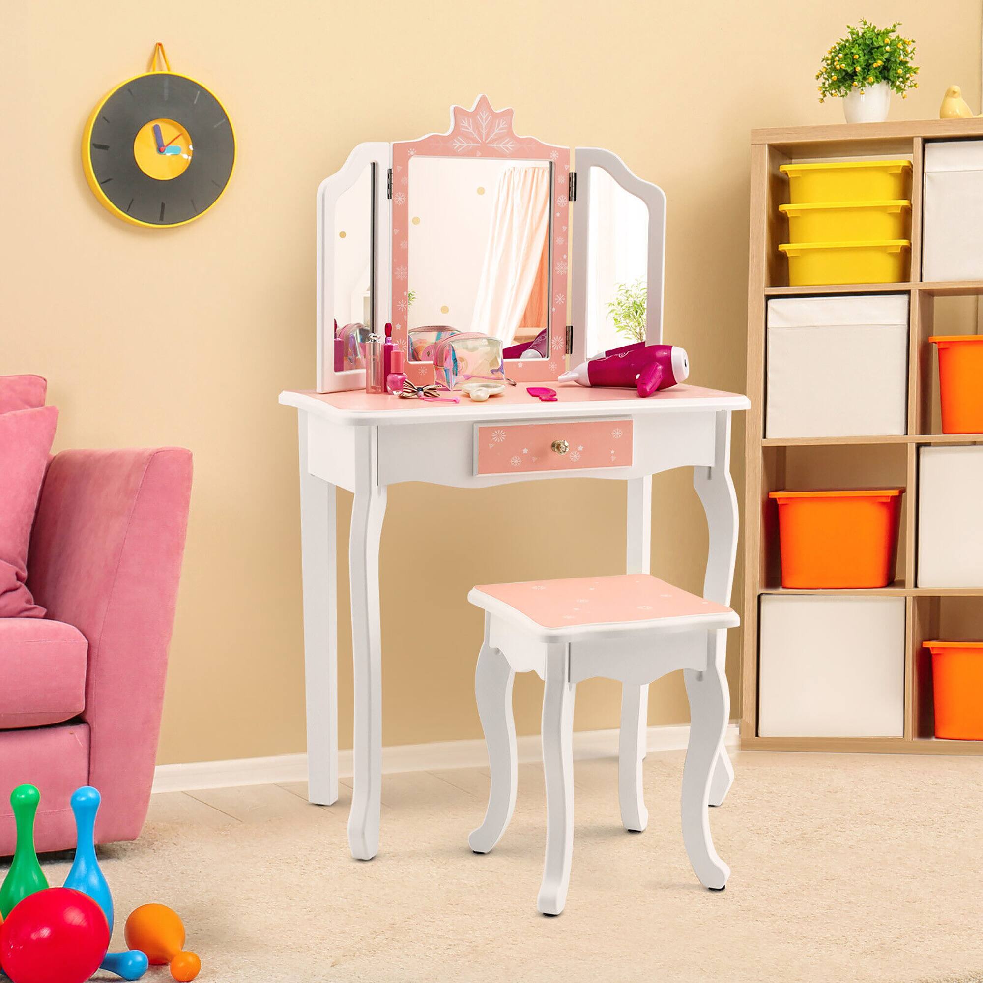 Alt View 2. Gymax - Gymax Kid Vanity Set Wooden Makeup Table Stool Tri-Folding Mirror Snowflake Print Pink - Pink + White.