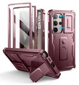dexnor - for Samsung Galaxy S24 Ultra Case with Built-in Slide Camera Cover & Screen Protector & Kickstand - Maroon Red