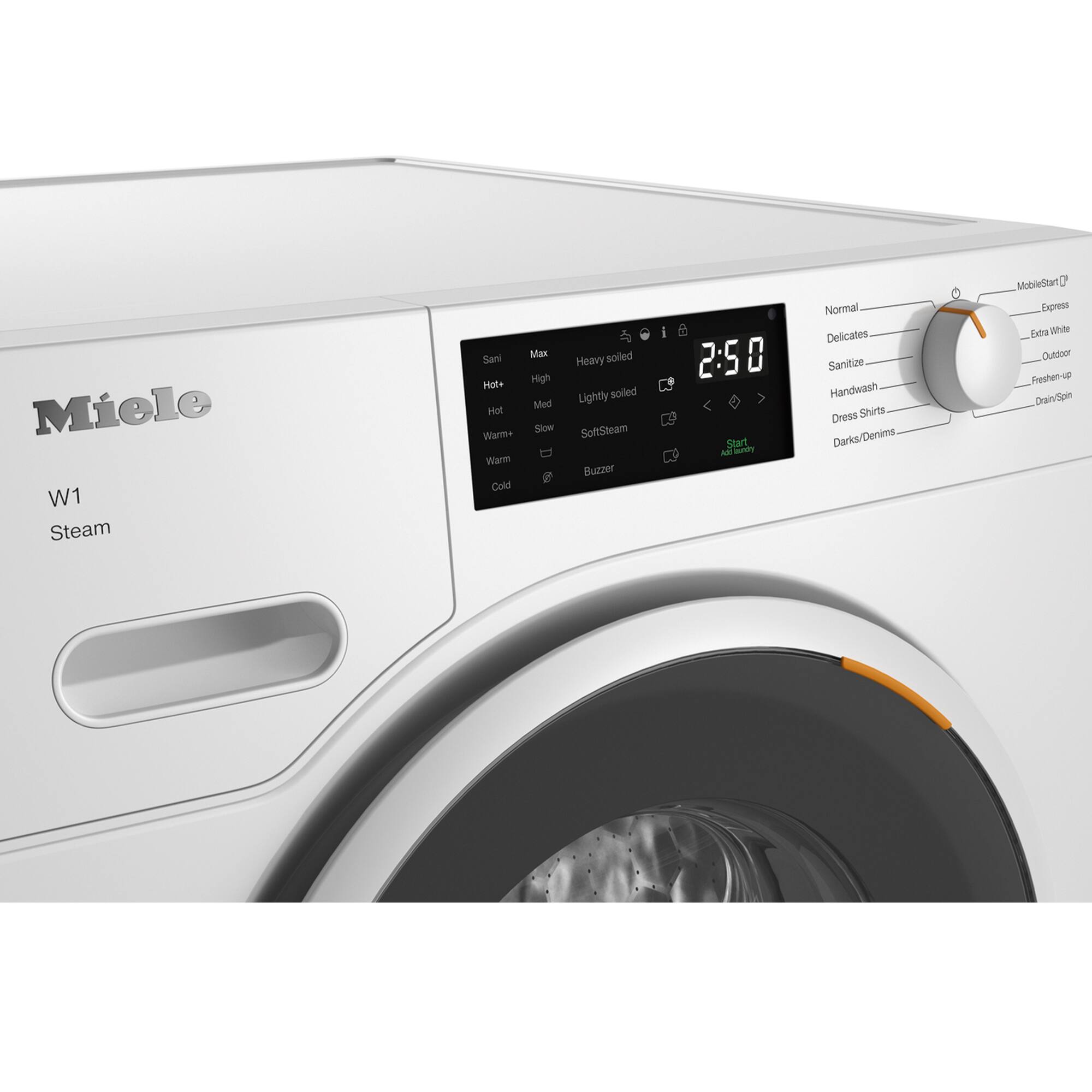 Miele W1 Steam

- Sani
- Hot+
- Hot
- Warm
- Cold
- Heavy soiled
- Lightly soiled
- SoftSteam
- Buzzer
- 2:50
- Start
- Normal
- Delicates
- Sanitize
- Handwash
- Dress Shirts
- Darks/Denims
- MobileStart
- Extra White
- Outdoor
- Freshen-up
- Drain/Spin
