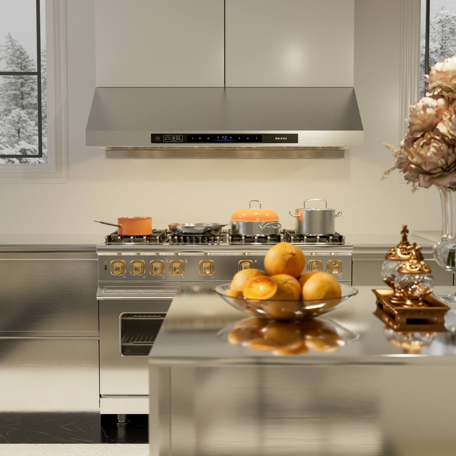 Left. Brano - BRANO 42 Inch DC Inverter Range Hood in Stainless Steel, 1200 CFM, Large 8-Inch Vent, LED Lights, Easy Install - SILVER.