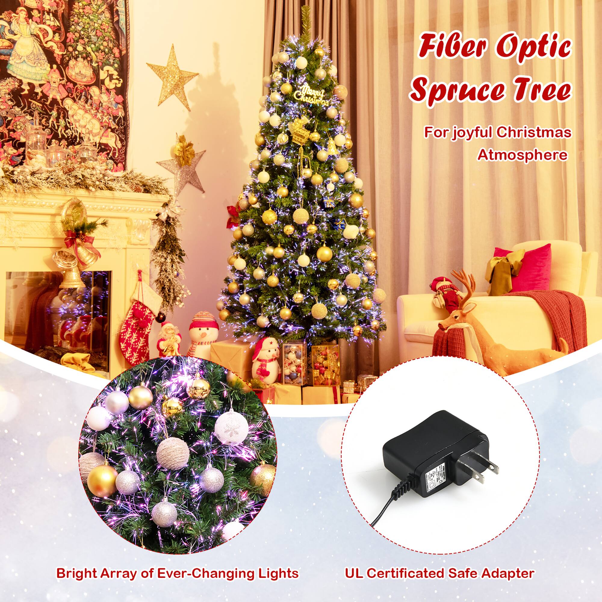 The text on the image is grouped and corrected as follows:

"Fiber Optic Spruce Tree for a joyful Christmas atmosphere. Bright array of ever-changing lights. UL certified safe adapter."