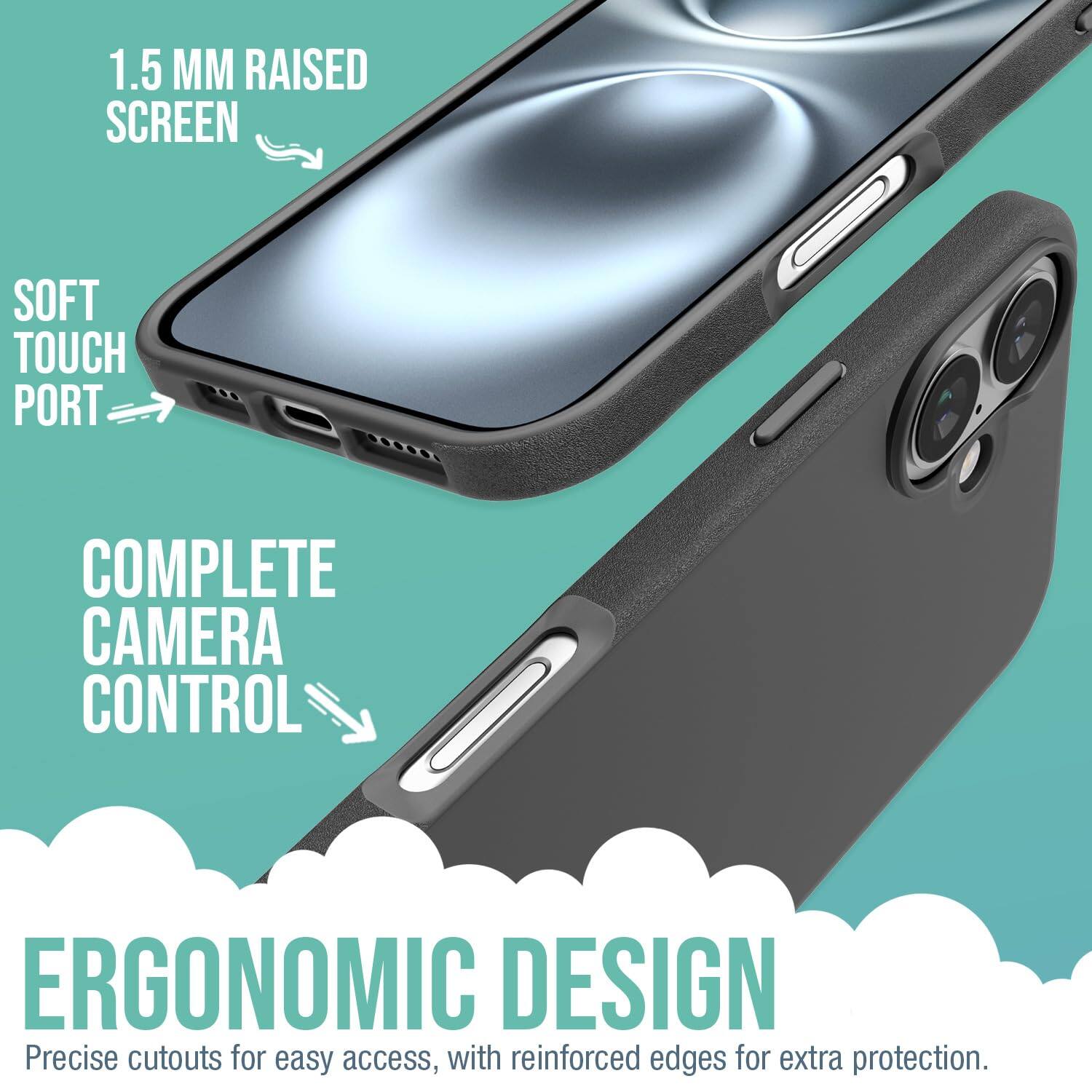 1.5 MM RAISED SCREEN  
SOFT TOUCH PORT  
COMPLETE CAMERA CONTROL  
ERGONOMIC DESIGN  

Precise cutouts for easy access, with reinforced edges for extra protection.