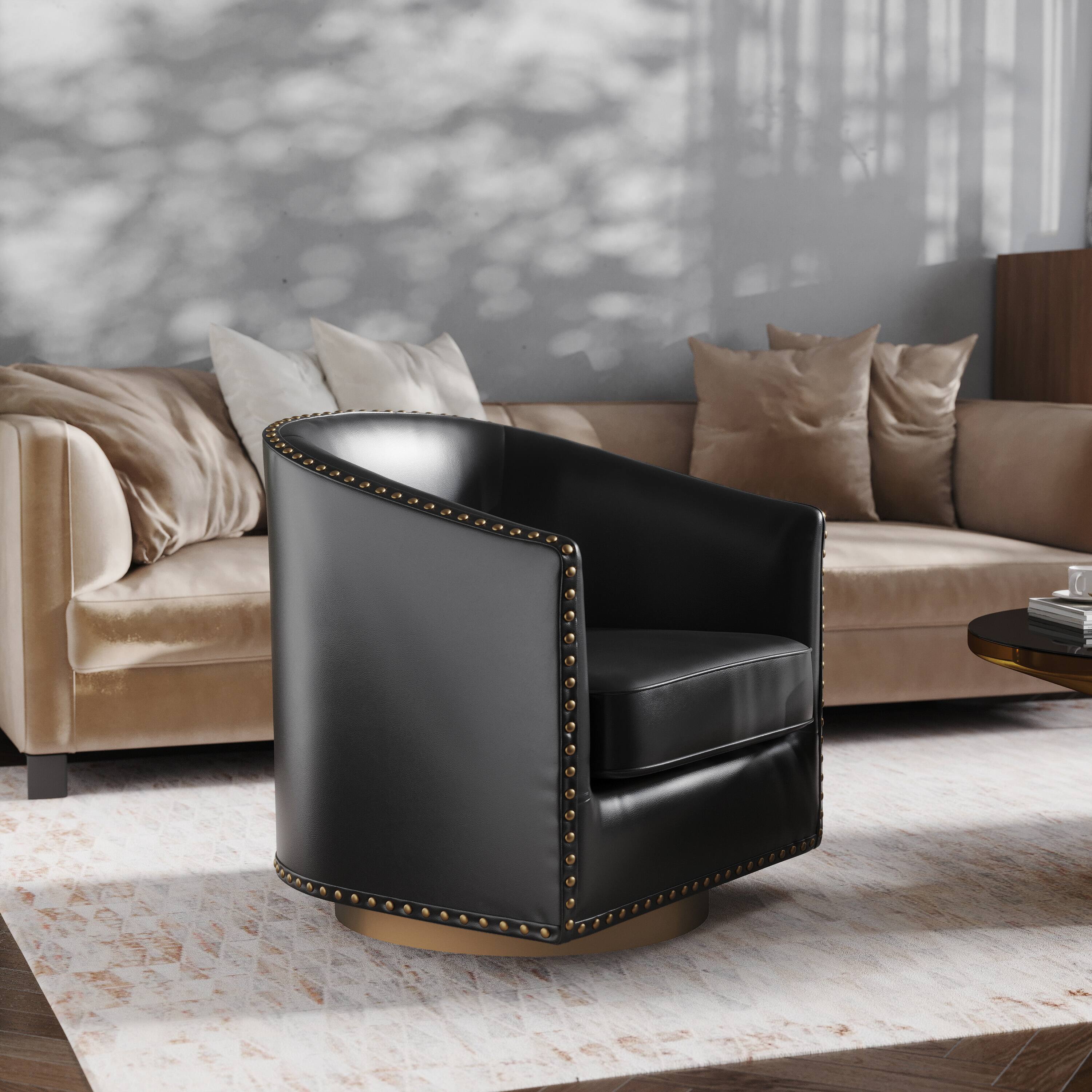 Alt View 1. Emma + Oliver - Cole Upholstered Club Style Barrel Accent Chair with 360° Swivel Vinyl Wrapped Base and Decorative Nail Head Trim - Black.
