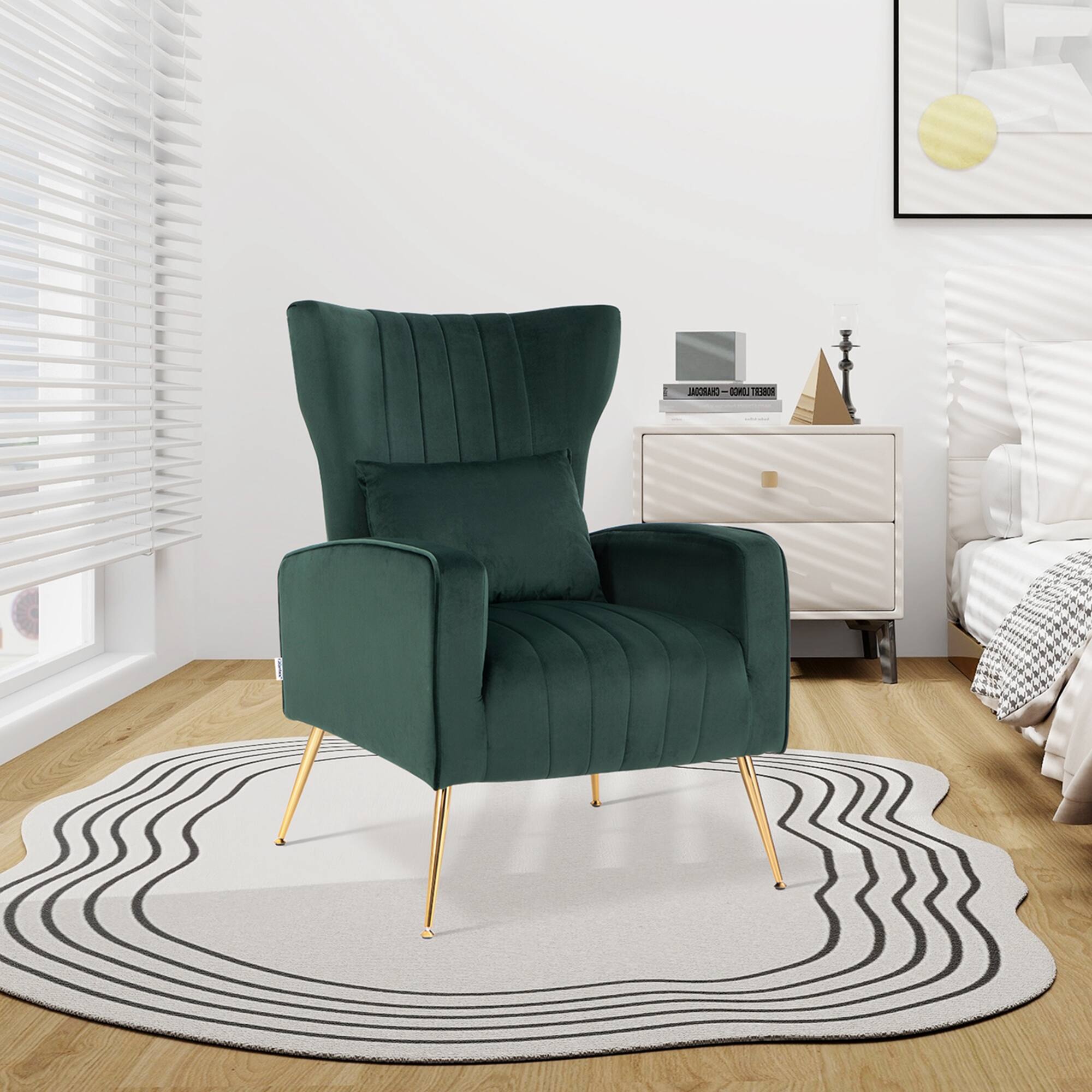 Alt View 11. Costway - Velvet Upholstered Wingback Chair with Lumbar Pillow and Golden Metal Legs - Turquoise.