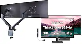 Lenovo - ThinkVision S24-4e 24" FHD IPS Monitor, Anti-Glare, HDMI (64B5KAT1UZ) 2Pack w/DKZ Hub & Ergoflexy Dual Mount Arms - Black