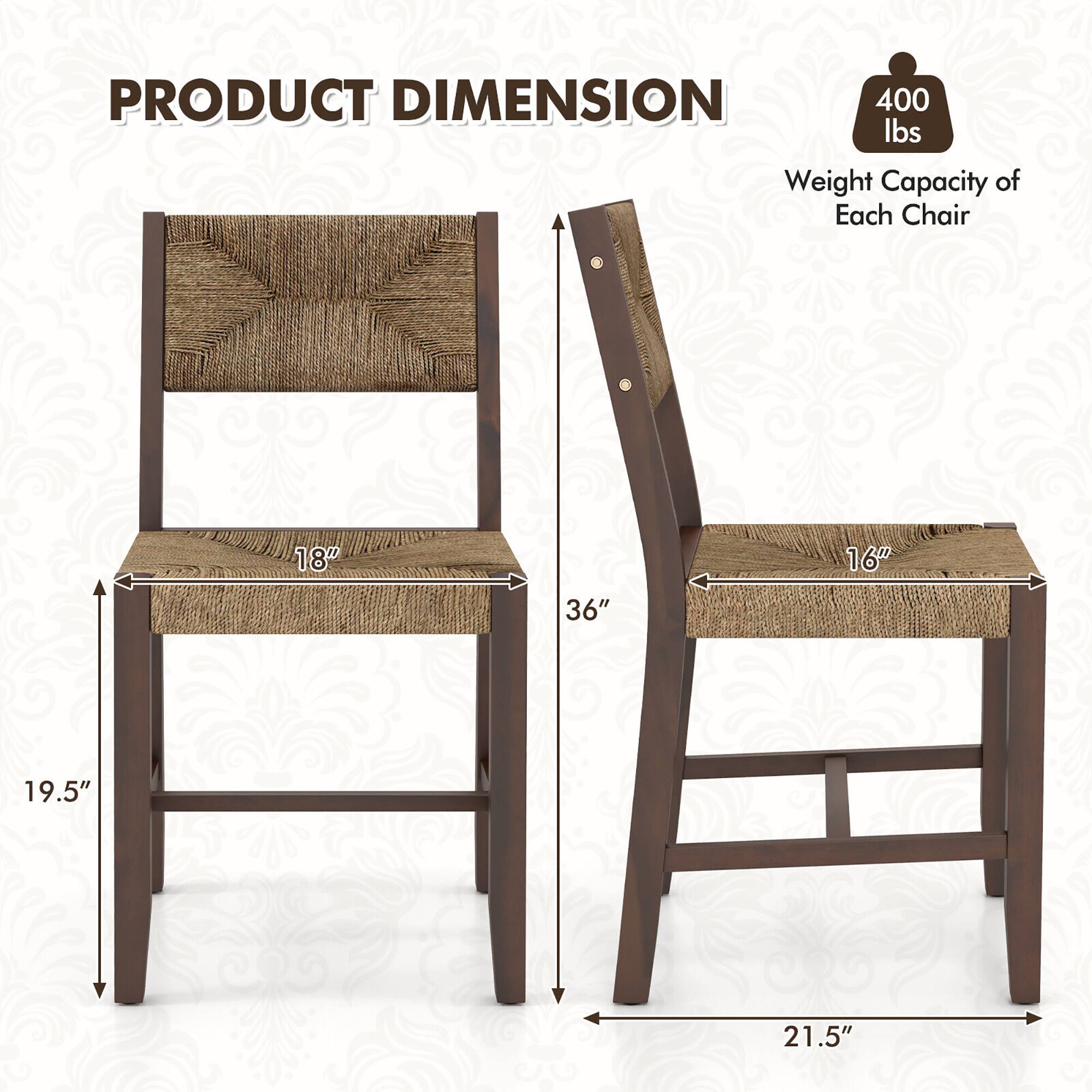 The corrected text is:

"PRODUCT DIMENSION: 400 lbs Weight Capacity of Each Chair. Dimensions: 18" (width) x 16" (depth) x 36" (height). Seat dimensions: 19.5" (width) x 21.5" (depth)."