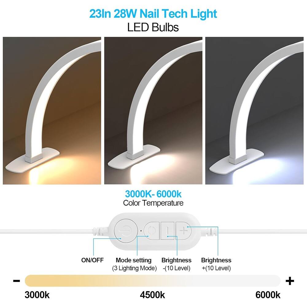 23In 28W Nail Tech Light LED Bulbs

3000K-6000K Color Temperature

ON/OFF Mode setting (3 Lighting Mode) Brightness (-10 Level) Brightness (+10 Level)
