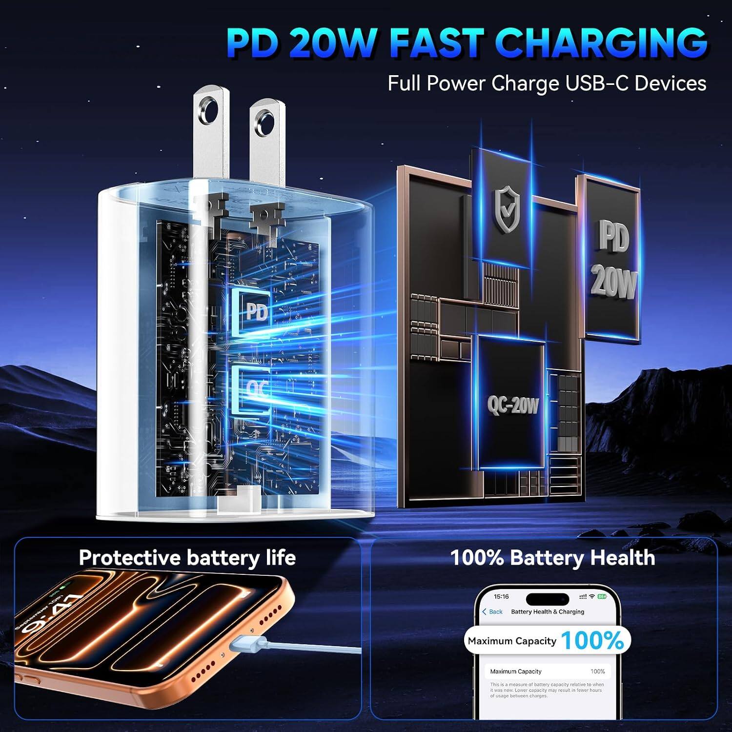 PD 20W FAST CHARGING  
Full Power Charge USB-C Devices

PD  
V  
PD 20W  
QC-20W

Protective battery life  
100% Battery Health

16:16 Back Battery Health & Charging  
Maximum Capacity 100%  
Maximum Capacity 100%  

THE of : medium of sactacy capicity rective de when 0 THE - Lower capacity my resist a Creams has of usage DeCopes changes.