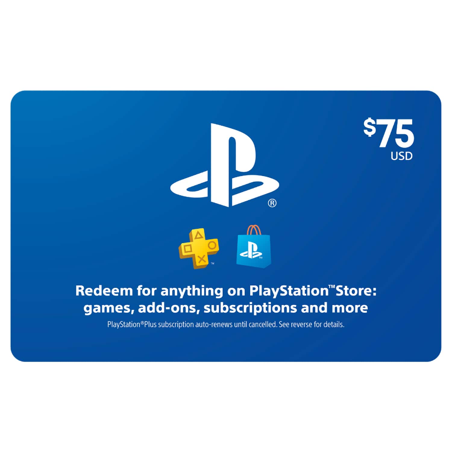B. Redeem for anything on PlayStation Store: games, add-ons, subscriptions and more. PlayStation Plus subscription auto-renews until cancelled. See reverse for details.