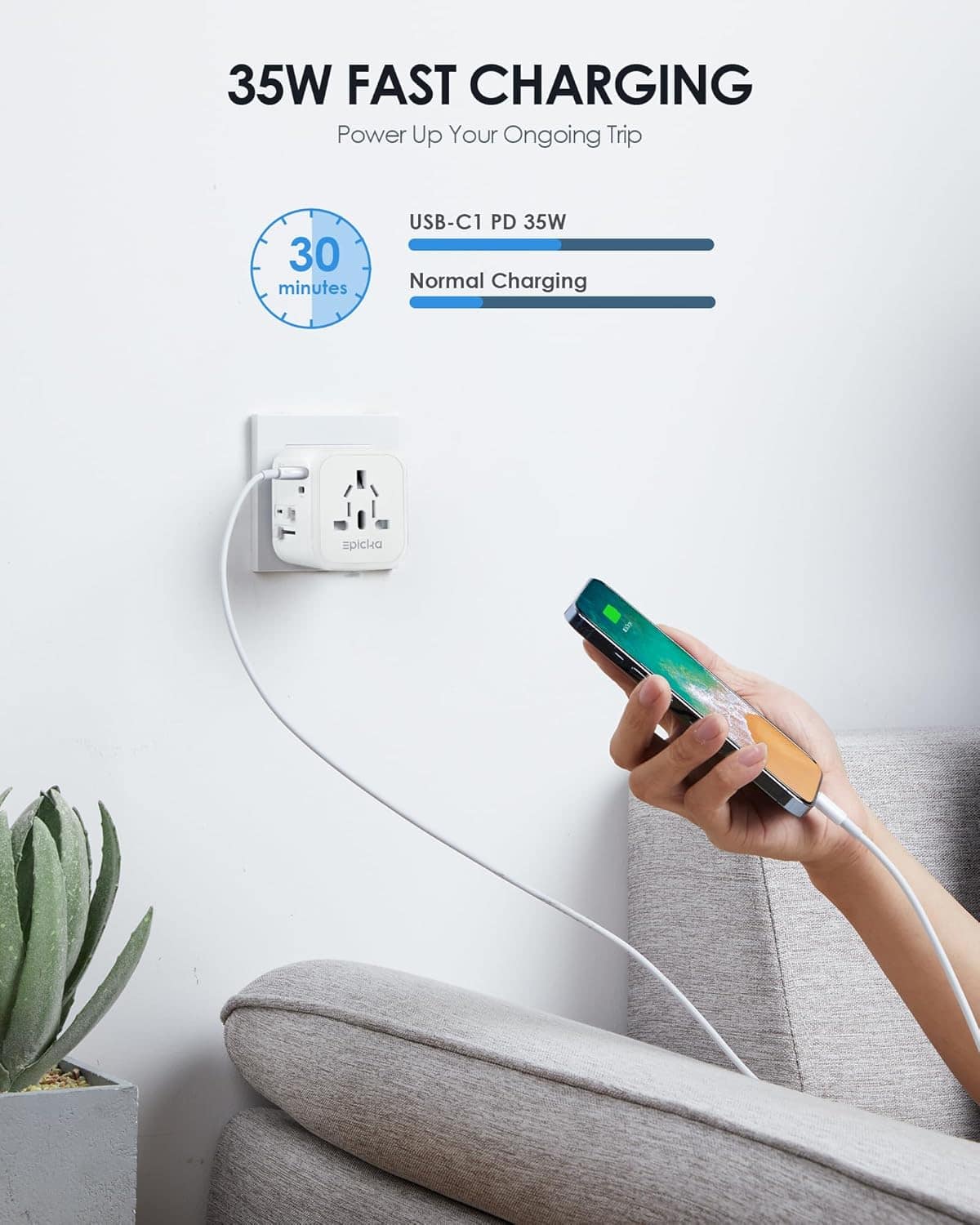 35W Fast Charging: Power Up Your Ongoing Trip. 30 Minutes USB-C1 PD 35W Normal Charging.