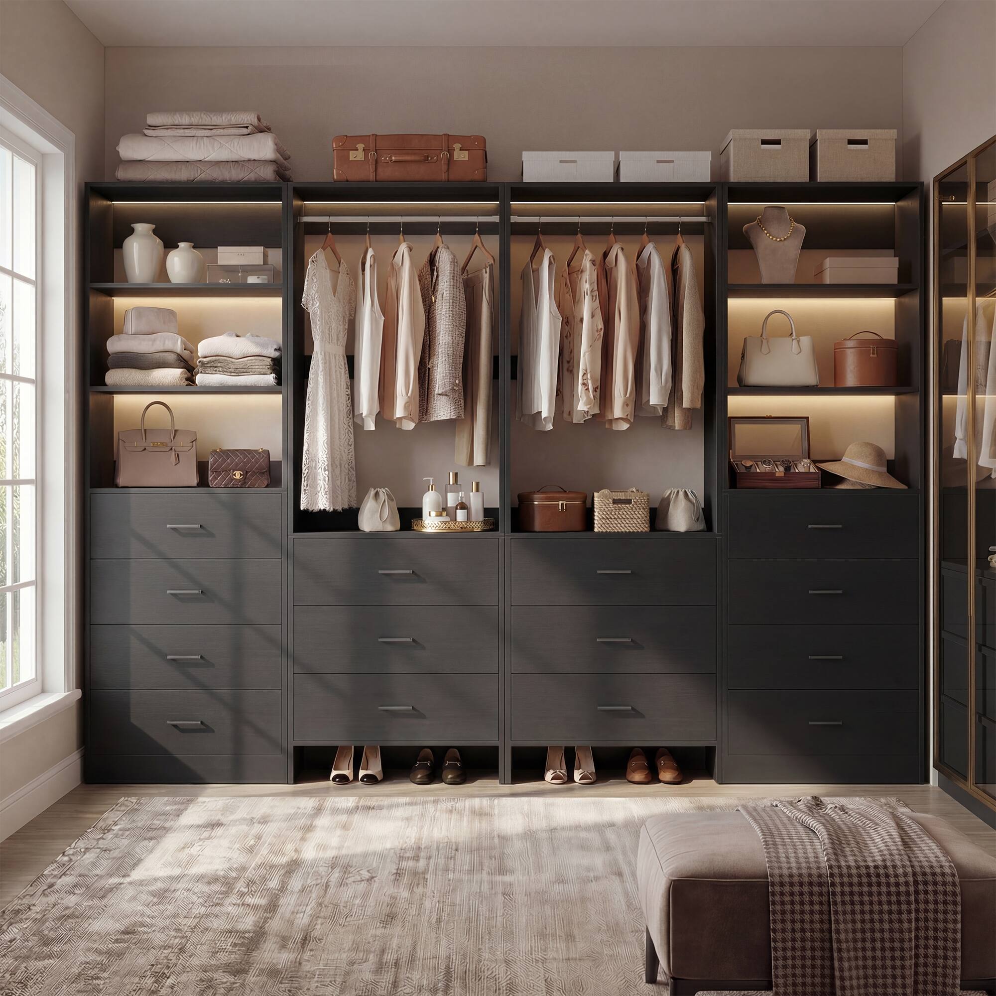 Alt View 3. Aheaplus - 90'' Walk-in Closet Organizer System with 14 Drawers, 2 Hanging Rods and Adjustable Shelves - Black.