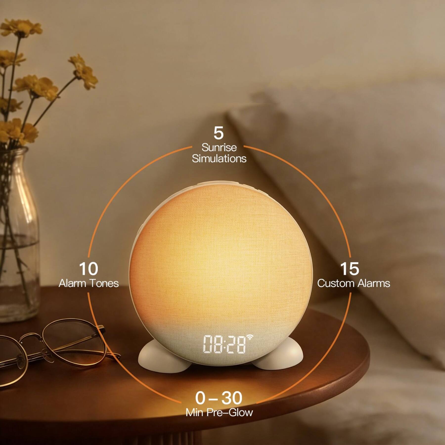 5 Sunrise Simulations  
10 Alarm Tones  
15 Custom Alarms  
08:28  
0-30 Min Pre-Glow