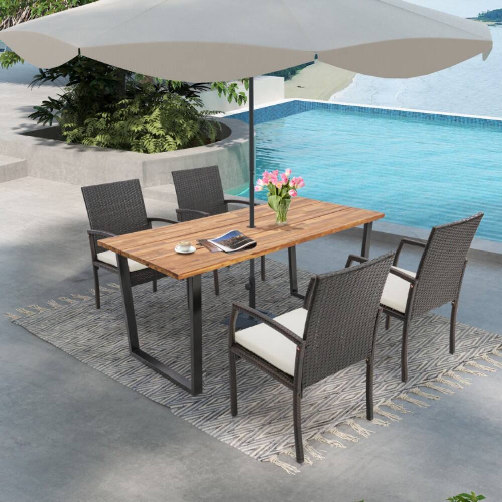 Angle. Mondawe - 5 Pieces Patio Rattan Dining Set with Umbrella Hole and Seat Cushions - Mix Brown.
