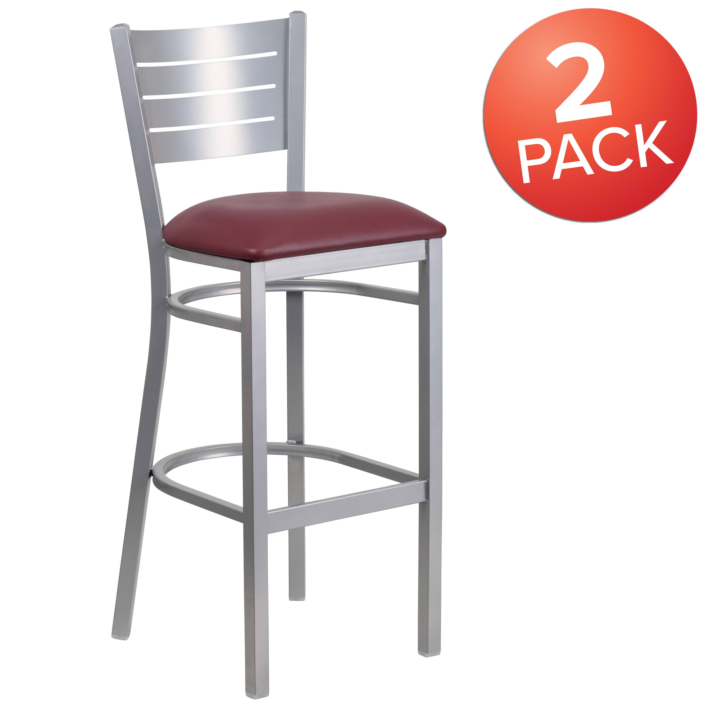 Alt View 1. Emma + Oliver - 2 Pack Silver Slat Back Metal Restaurant Barstool - Burgundy Vinyl Seat/Silver Frame.