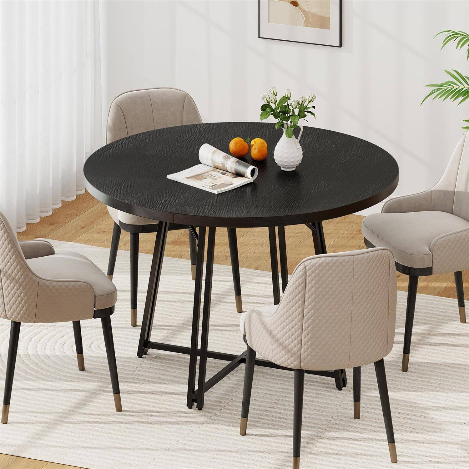 Left. Pefilos - 47" Round Dining Table,Cross Base 8 Metal Legs,Adjustable Pads,Black - Black.