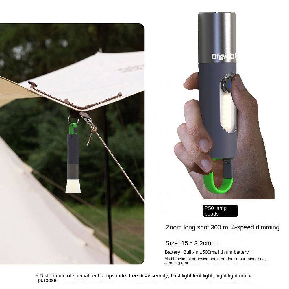 Digital P50 lamp beads  
Zoom long shot 300 m, 4-speed dimming  
Size: 15 * 3.2cm  
Battery: Built-in 1500ma lithium battery  
Multifunctional adhesive hook: outdoor mountaineering, camping tent  

*Distribution of special tent lampshade, free disassembly, flashlight light, night light multi-purpose