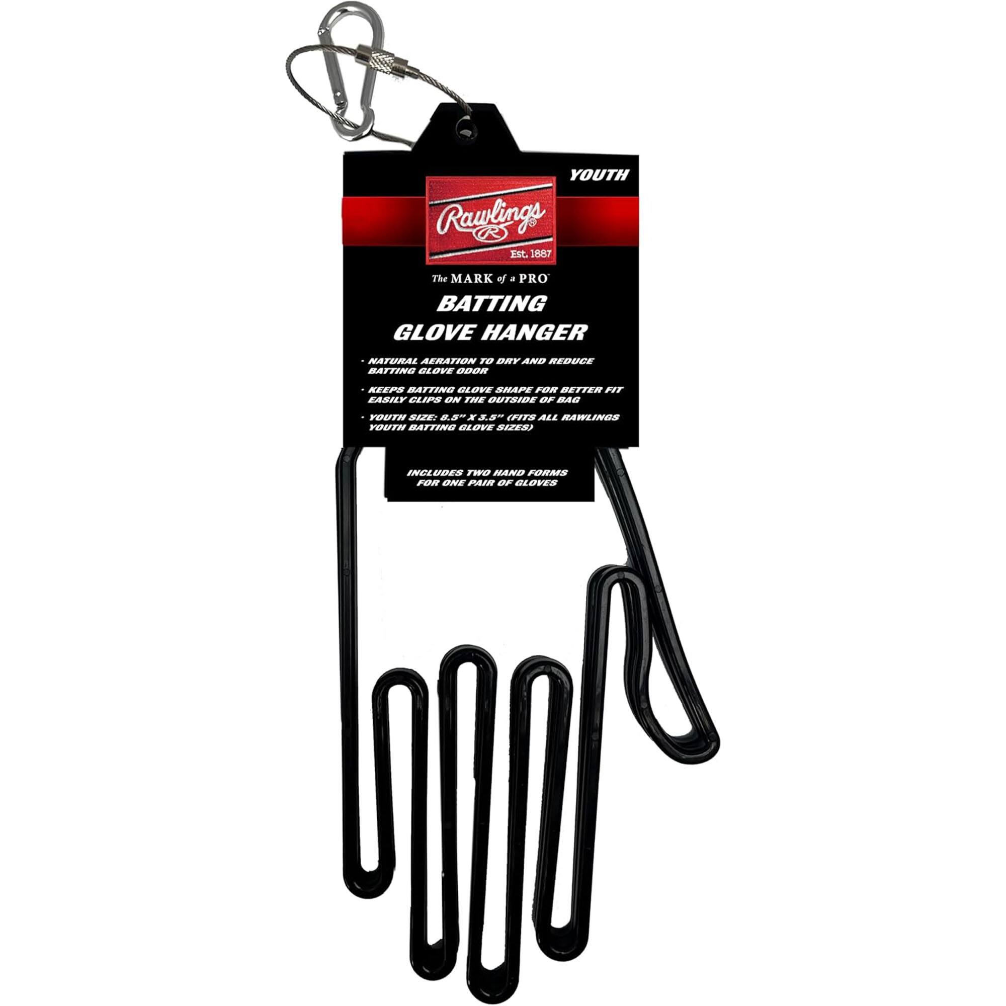 YOUTH Rawlings Est. 1887 The MARK of a PRO BATTING GLOVE HANGER NATURAL AERATION TO DRY AND REDUCE BATTING GLOVE ODOR. EASILY CLIPS ON THE OUTSIDE OF BAG. YOUTH SIZE: 8.5" x 3.5" BATTING GLOVE SIZES. INCLUDES TWO HAND FORMS FOR ONE PAIR OF RAWLINGS BATTING GLOVES